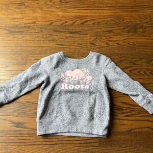 Roots Heather Gray and Pink Logo Beaver Toddler Girl Sweatshirt - 3T